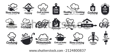 Cooking logos set. Healthy. Food logo. Kitchen phrases. Home cook, chef, mustache, kitchen utensils icon or logo. Lettering vector illustration Royalty-Free Stock Photo #2124800837