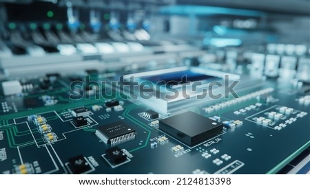 Shot of Generic Printed Circuit board with Microchips and other Components During Production Process. Electronics Manufacturing. Bright Environment Royalty-Free Stock Photo #2124813398