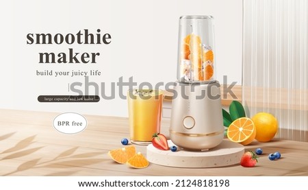 Smoothie maker ad template. Household appliance mock-up full of fresh sliced fruits and ice on wooden kitchen countertop. 3d illustration. Royalty-Free Stock Photo #2124818198