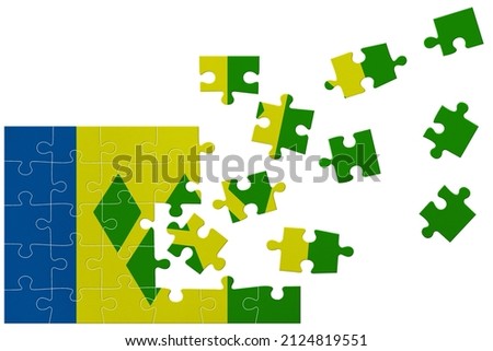Broken puzzle- game background in colors of national flag. Saint Vincent and the Grenadines