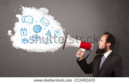 Young man shouting into loudspeaker and modern blue icons and symbols come out