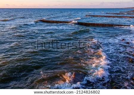 Sea landscape. Surfline with waves and foam. Nature background