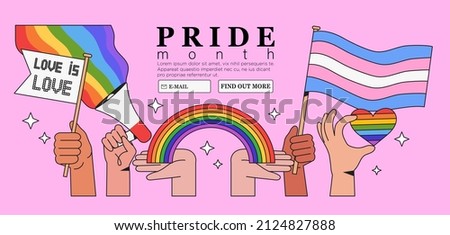 People hold megaphone and flags with lgbt rainbow and transgender flag during pride month celebration against violence, descrimination, human rights violation. Equality and self-affirmarmation. Royalty-Free Stock Photo #2124827888
