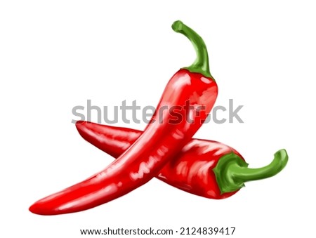 Illustration of two red hot peppers, a painted image of hot peppers on a white background Royalty-Free Stock Photo #2124839417