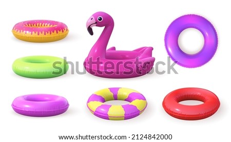 3d inflatable swimming rings designs, doughnut and pink flamingo. Realistic pool rubber circle top and side view. Swim lifesaver vector set. Ring inflatable for pool and sea illustration Royalty-Free Stock Photo #2124842000