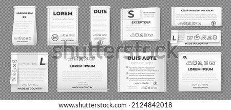 Realistic clothes white labels with sizes and laundry instructions. Stitched fabric badge tags with wash, care and material info vector set. Illustration of label size tag clothing Royalty-Free Stock Photo #2124842018