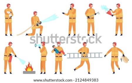 Flat firefighter character with hose, bucket, fire extinguisher and ax. Fireman rescue child. Emergency service hero characters vector set. Firefighter and fireman uniform