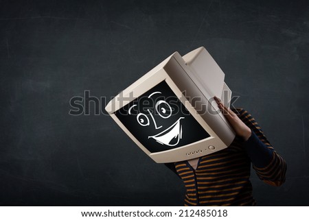 Girl with a monitor screen face and a happy cartoon face