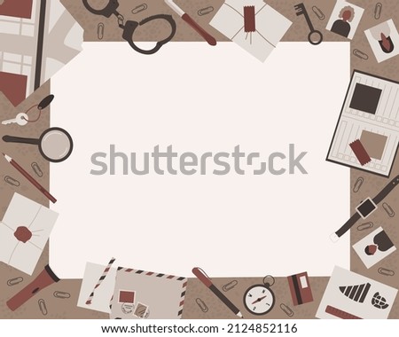Frame on the theme of a detective investigation. Scattered on the table are the detective's accessories, a magnifying glass, handcuffs, a book, and a compass. Flat vector illustration.
