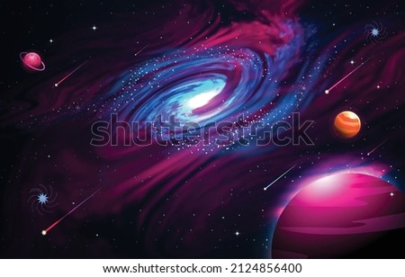 Space galaxy background with saturn planet and asteroids, cartoon universe texture. Vector starry futuristic surface with purple nebula, cosmos dust scenery. Deep purple sky with stars and planets Royalty-Free Stock Photo #2124856400