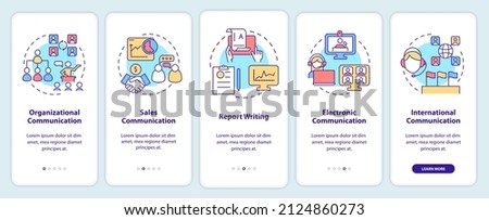 Business communication forms onboarding mobile app screen. Report writing walkthrough 5 steps graphic instructions pages with linear concepts. UI, UX, GUI template. Myriad Pro-Bold, Regular fonts used