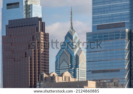 Philadelphia City Center and Business District Skyscrapers. Cloudy Blue Sky, Beautiful Sunlight.