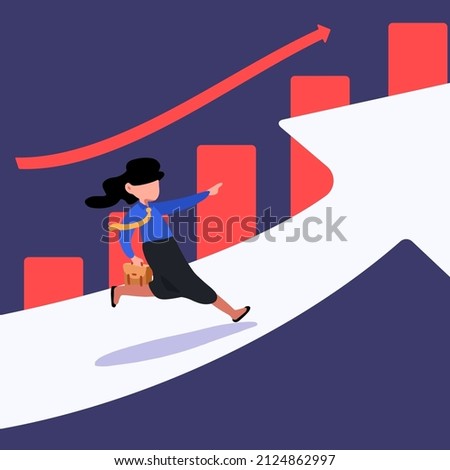 Business flat drawing active businesswoman running on arrow up go to success, graph. Business vision. Investment profit and earning, stock market growth or fund. Cartoon graphic vector illustration