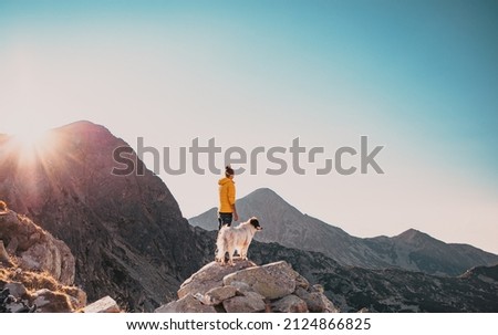 woman with white dog sitting on mountain top in summer landscape slow travel and freedom concept Royalty-Free Stock Photo #2124866825