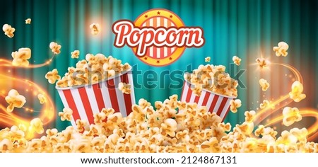 Crunchy popcorn snack ad poster with striped buckets and grains. Sweet or salt cinema food commercial. Flying tasty popcorn vector banner. Pop corn for cinema, delicious tasty snack illustration Royalty-Free Stock Photo #2124867131