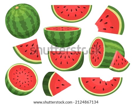 Cartoon fresh green open watermelon half, slices and triangles. Red watermelon piece with bite. Sliced cocktail water melon fruit vector set. Illustration of watermelon freshness nature Royalty-Free Stock Photo #2124867134