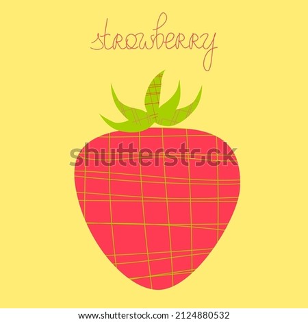 Simple pink strawberry vector illustration on the pastel yellow background. Abstract flat style strawberry illustration. Green celled ornament. Summer berry logo. Design icon. Hand written logo.