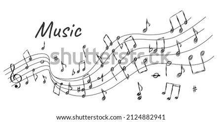 Sketch melody background with music stave wave, notes and signs. Doodle curved song line. Sound harmony. Classic music symbol vector concept. Illustration of music melody, classical treble Royalty-Free Stock Photo #2124882941