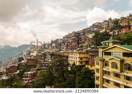 Landscape of Shimla city in Himachal Pradesh, India. Natural beauty of Shimla Himachal Pradesh India. Best honeymoon destination for couples, tourist. Architecture of Shimla city in Himachal Pradesh. Royalty-Free Stock Photo #2124890384