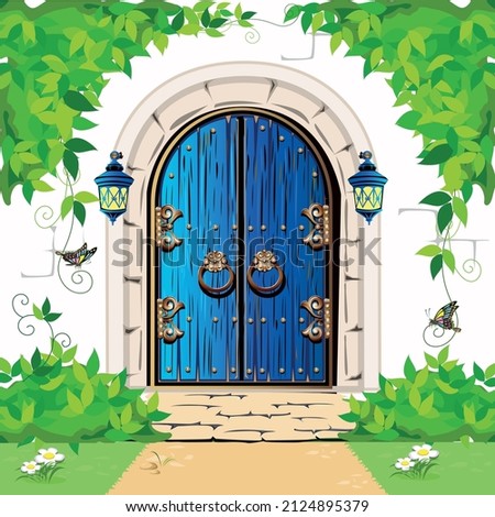 Old wooden door to fairyland. Blue double door in vintage style. Vector illustration of fairy tale architecture in cartoon style. Royalty-Free Stock Photo #2124895379