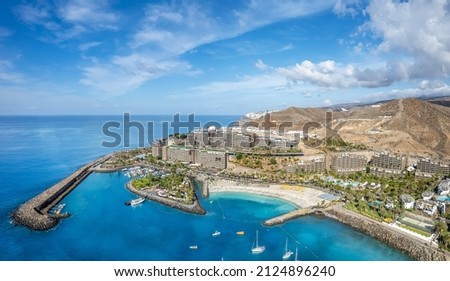 Aerial view with Anfi beach and resort, Gran Canaria, Spain Royalty-Free Stock Photo #2124896240