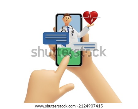 3d rendering, medical illustration isolated on white background. Heart checkup. Online consultation with doctor. Cartoon character hands call mobile phone with cardiologist popping out from screen