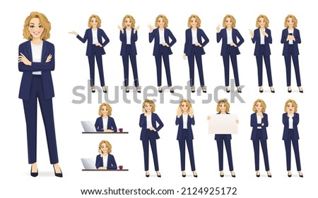 Elegant beautiful business woman in different poses set. Various gestures female character standing and sitting at the desk isolated vector illustration Royalty-Free Stock Photo #2124925172