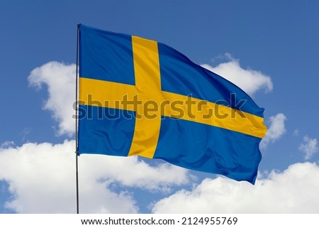flag of Sweden. Sweden's national symbols. Swedish's flag isolated on a sky background. Royalty-Free Stock Photo #2124955769