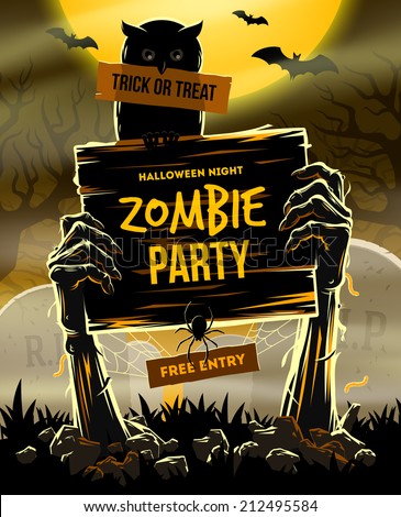 Halloween vector illustration - Dead Man's arms from the ground with invitation to zombie party Royalty-Free Stock Photo #212495584