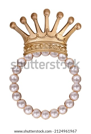 Golden frame with pearls and crown for paintings, mirrors or photo isolated on white background. Design element with clipping path
