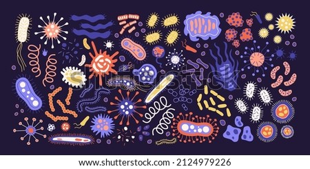 Set of different Bundle of infectious microorganisms isolated. Cartoon collection of infectious germs, protests, microbes. A bunch of diseases that cause bacteria, viruses. Isolated flat illustration. Royalty-Free Stock Photo #2124979226