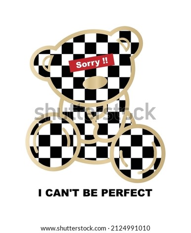 Teddy bear drawing with gold leaf and checkerboard effect, textile printing drawing, t-shirt graphic design - Vector
