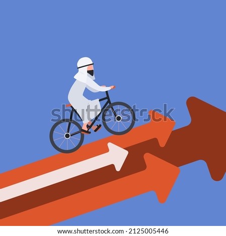Business concept flat style Arabic businessman riding bicycle on arrow. Worker riding bike on rising arrow. Business metaphor. Successful, man go up at bicycle. Chart go up. Design vector illustration