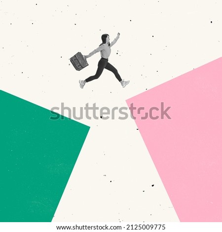 Creative modern design. Contemporary art collage. Employee climbing, jumping over cliff symbolizing success. Concept of motivation, goal, professional growth, teamwork, support. Copy space for ad