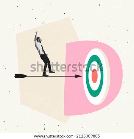Creative design. Motivated and joyful employee standing on arrow flying to target symbolizing success and achievement. Concept of business, promotion, leadership, ambitions, growth