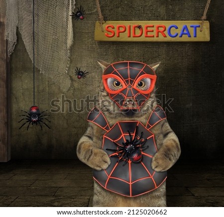 A beige cat is wearing a spider costume in a barn. Spidercat. White background. Isolated.