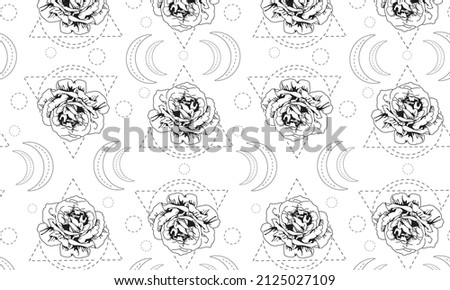 Roses tattoo pattern . Banner with rose and moon tattoo. Seamless trending background. black ink tattoo. geometric shapes. pattern and banner included. white background