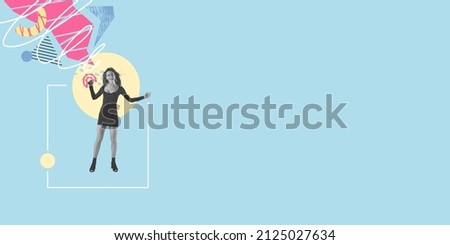 Cheerful young girl plays tambourine on light blue background. Contemporary art collage, modern design. Concept of music, art, creativity, inspiration. Flyer with copy space for ad