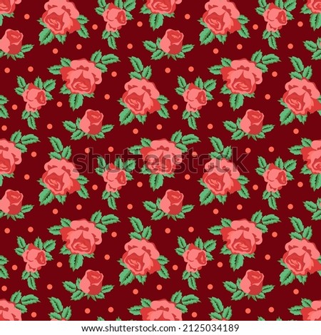 Vector - rose with polka dots and leaves. Seamless pattern template.