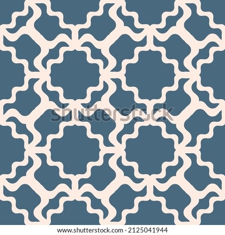 Vector abstract seamless mesh pattern. Elegant ornament texture with curved grid, wavy lattice, floral shapes. Simple blue and beige ornamental background. Repeat design for fabric, ceramic, decor Royalty-Free Stock Photo #2125041944