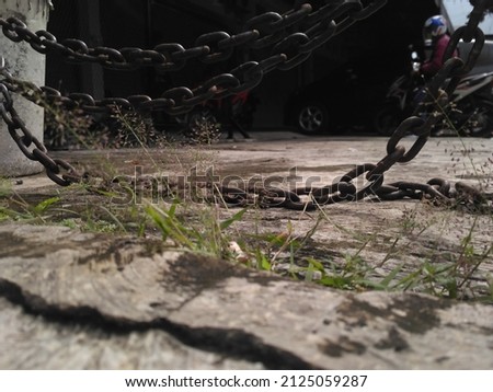 Selective focus beautiful view of grassy outdoor courtyard floor with transverse chain