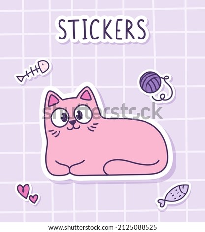 A cute pink fluffy cat is lying down. Sticker of a cat with toys on a checkered background. Label Sticker. Vector illustration