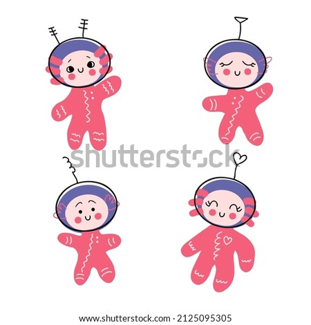 Hand drawn axolotls salamander babies astronauts collection. Perfect for T-shirt, stickers, textile and print. Cartoon style vector illustration for decor and design. 