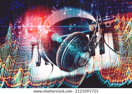 Abstract Colorful music background with notes.3d illustration.Earphone and  keyboard over colorful lights background. Song, digital music concept wide backdrop, border art design.