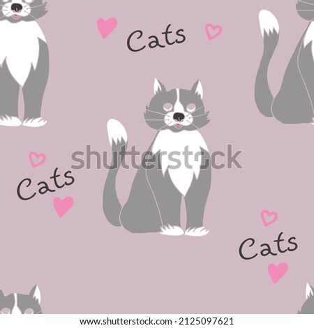 Seamless graphic  vector hand-drawn pattern  with colorful cats on a pink background. Idea for printing on wrapping paper, envelopes, napkins, textiles, packaging.