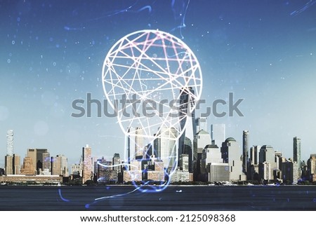 Double exposure of creative light bulb hologram on New York city skyscrapers background, research and development concept