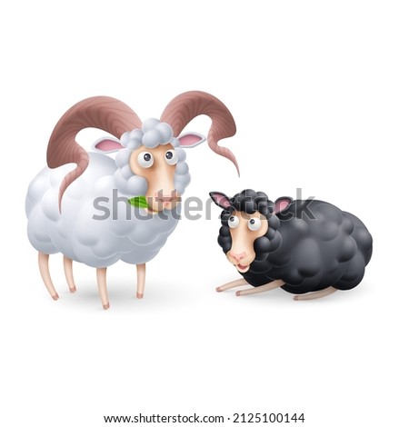 Raster version. Cute and Funny Two Black and White Sheep Characters. Cartoon Illustration of Pair Sheep on White Backdrop. Perfect Template for Children Event Designs, Birthday Cards
