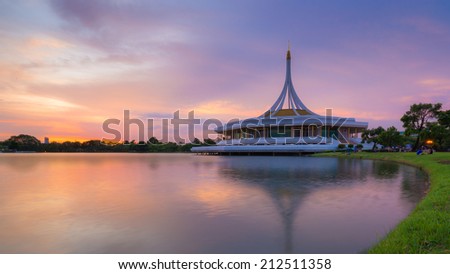 Reflection of Sunset at Suanluang Rama 9 park, Bangkok, Thailand