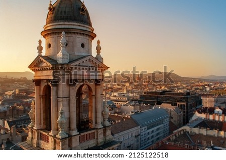 View from St. Stephen's Basilica (Szent István-bazilika) Bell Tower in Budapest, Hungary. Landscape at sunset light Royalty-Free Stock Photo #2125122518