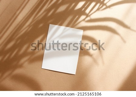 Card mockup with copy space top view, flat lay. Greetings, wedding invitations blank, paper sheet and dry palm leaf on beige background. Royalty-Free Stock Photo #2125165106